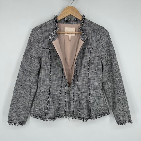 Rebecca Taylor Tweed Fringe Trim Peplum Blazer Raw Edge Trim Collarless Jacket - Picture 6 of 13
